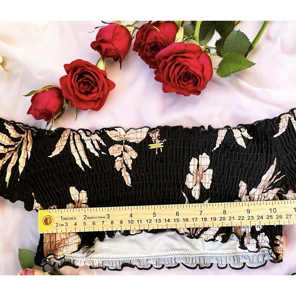 Victorias Secret Pink Womens Blk/Pink Floral Off The Shoulder Bikini Top Size S - Picture 6 of 6